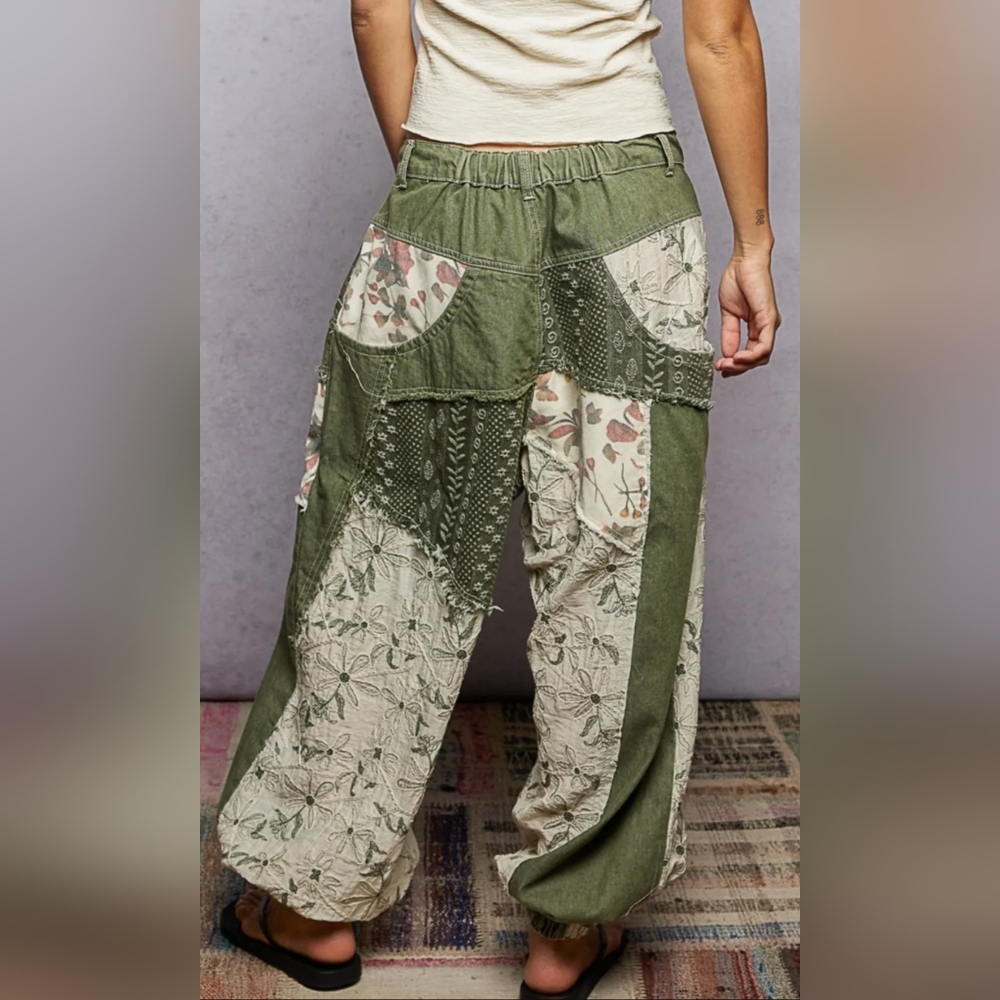 POL Olive & Cream Patchwork Jogger Pants - Picture 3 of 9
